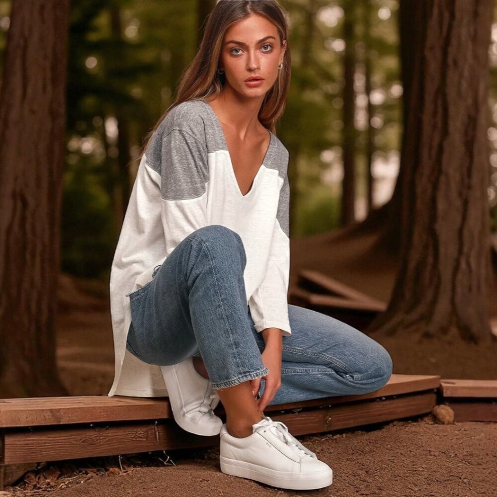 Free People WE THE FREE 3/4 Sleeve Major Leagues White Grey colorblock Jersey